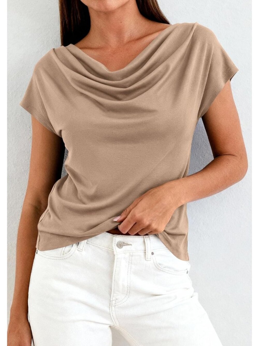 Women's Dressy Casual Khaki Summer Cowl Neck Short Sleeve Tops Spring Shirt - Picture 3 of 6
